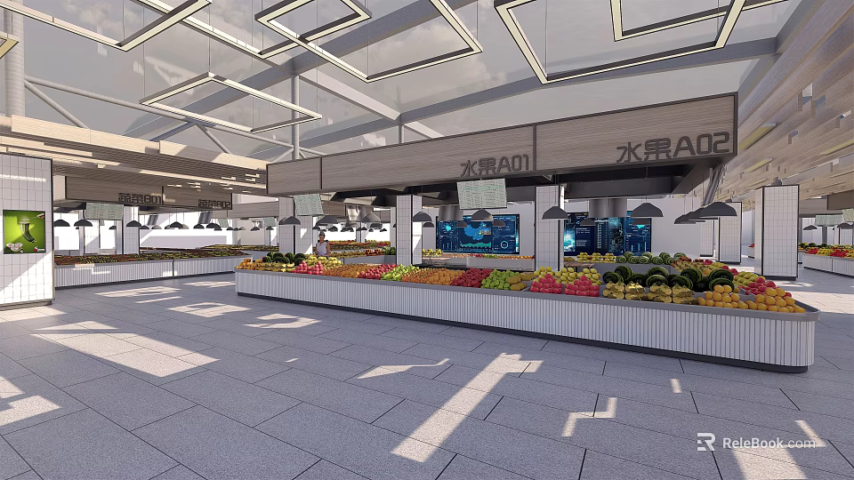 Supermarket Grocery Fresh Fruit Section With Various Fruits On Display Shelves 3d model 