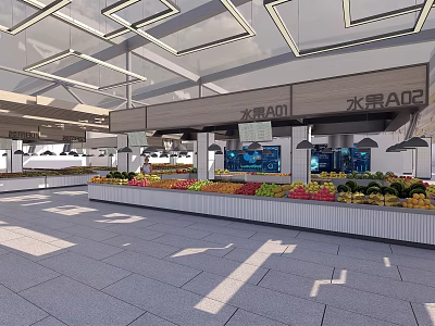 Supermarket Grocery Fresh Fruit Section With Various Fruits On Display Shelves 3d model