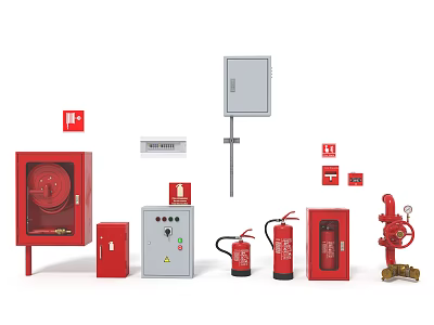 Fire Safety Equipment With Red Fire Hose Cabinets Extinguishers Alarm Buttons And Control Boxes 3d model