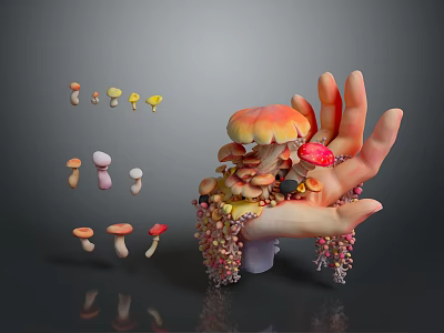 Colorful Edible Mushrooms Arranged On Hand Shaped Object With Decorative Particles 3d model