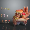 Colorful Edible Mushrooms Arranged On Hand Shaped Object With Decorative Particles