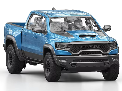 Blue RAM Pickup Truck With Sporty Design Large Tires Black Wheels And Front Grille 3d model