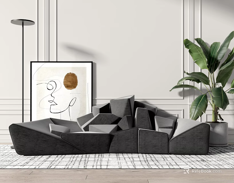 Modern Interior With Irregular Shaped Sofa Abstract Painting Large Green Plant And Floor Lamp 3d model 
