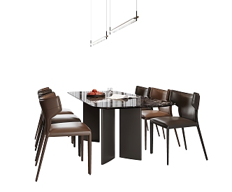 Italian Dining Table and Chair Combination Leather Dining Table Dining Chair Chandelier Decoration 3d model