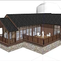 Traditional Wooden House Exterior With Dark Tile Roof Large Glass Windows And Wooden Terrace