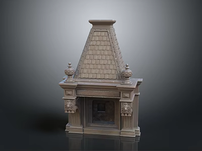 Classic Stone Fireplace With Intricate Decorative Carvings Roof Like Top And Ornate Columns 3d model