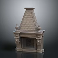 Classic Stone Fireplace With Intricate Decorative Carvings Roof Like Top And Ornate Columns