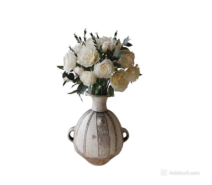 Vintage Style Vase With Two Handles And Patterned Body Holding White Roses And Green Leaves 3d model 