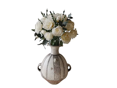 Vintage Style Vase With Two Handles And Patterned Body Holding White Roses And Green Leaves 3d model