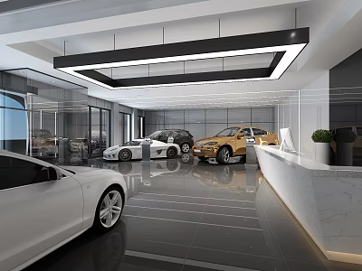 Modern Car Showroom Display With Luxury Cars Glass Walls Hanging Lights And Shiny Floors 3d model
