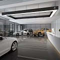 Modern Car Showroom Display With Luxury Cars Glass Walls Hanging Lights And Shiny Floors