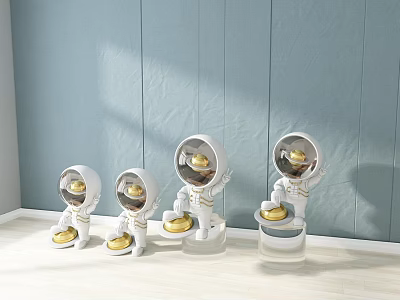 Cute Astronaut Dolls With Transparent Helmet Gold Accents Standing On White Base Blue Wall 3d model