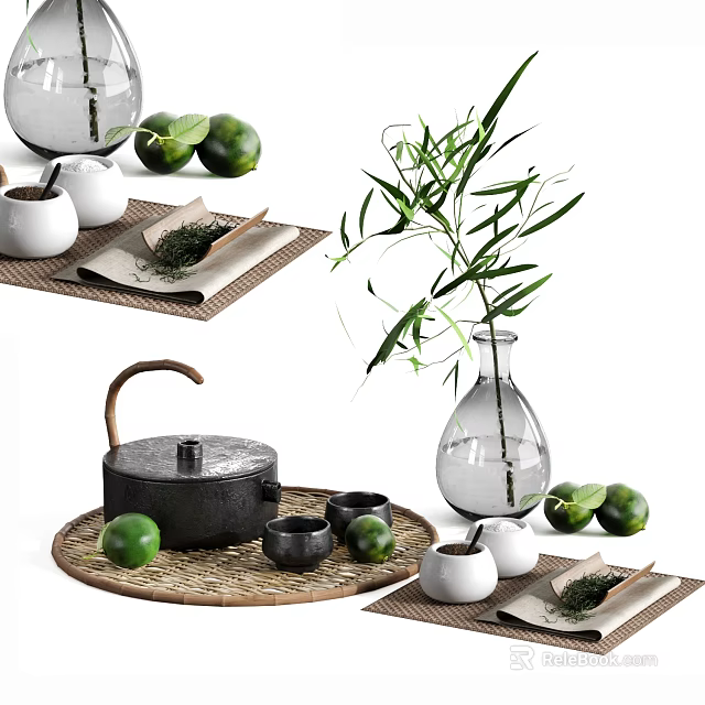 Traditional Tea Set with Teapot Teacups Bamboo Branch Limes and Tea Leaves on Woven Tray 3d model 