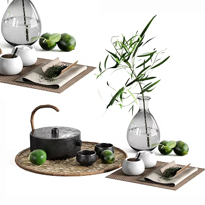 Traditional Tea Set with Teapot Teacups Bamboo Branch Limes and Tea Leaves on Woven Tray 3d model