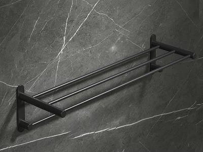 Black Towel Rack Mounted On Dark Gray Marble Wall With White Veins 3d model