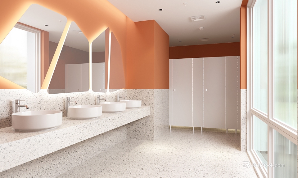 Bright Public Restroom With Orange Walls White Sinks Multiple Stalls Mirrors And Windows 3d model 