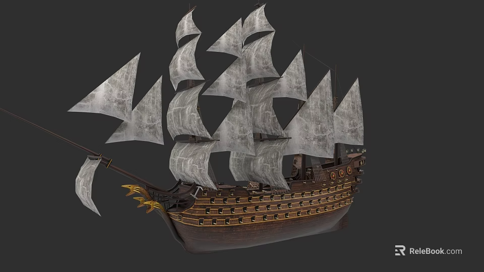 Vintage Sailing Ship With Multiple Gray Sails And Wooden Hull Design 3d model 