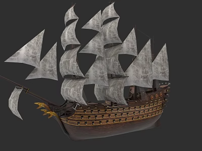 Vintage Sailing Ship With Multiple Gray Sails And Wooden Hull Design 3d model