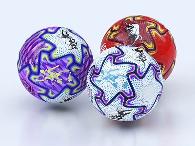 Sports Equipment Vibrant Soccer Balls In Purple Red White With Unique Patterns 3d model