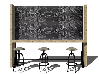 Bar Counter with Blackboard Background Hand Drawn Illustrations and Three Stools in Wooden Frame 3d model