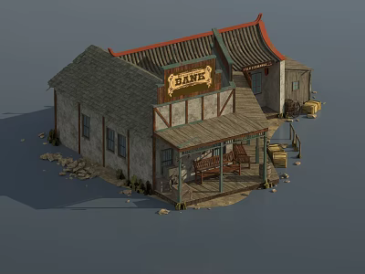 Traditional Chinese Bar Building With Tile Roof Porch Wooden Tables And Barrels 3d model