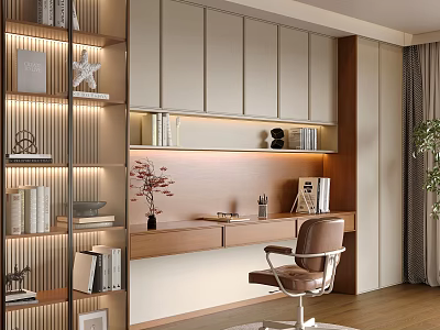 Modern Study Room Interior With Wooden Desk Leather Chair Bookshelves Strip Lighting And Decorative Flowers 3d model