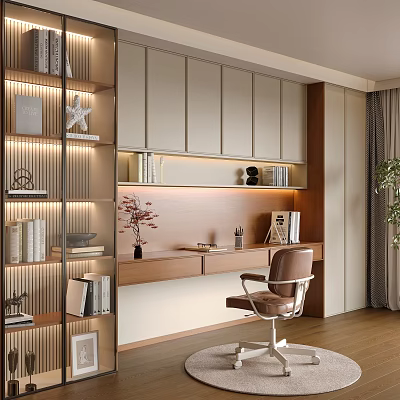 Modern Study Room Interior With Wooden Desk Leather Chair Bookshelves Strip Lighting And Decorative Flowers 3d model
