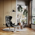 Modern Interior Decorative Ornament Set With Black Chair Floor Lamp And Green Plant