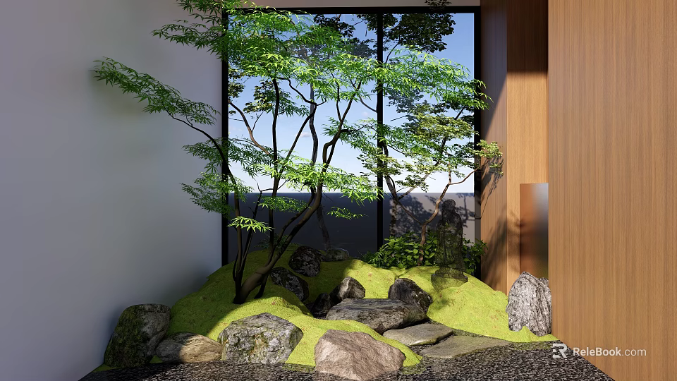 Natural Garden Landscape Design With Lush Green Trees Natural Rocks And Grass 3d model 