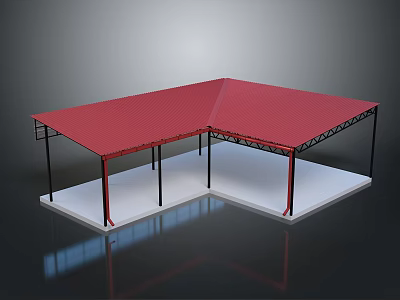 Red Roof Metal Frame L Shaped Outdoor Pergola Structure Design With Black Supports 3d model