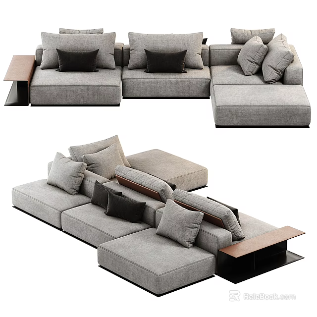 Gray Sectional Sofa With Multiple Plush Cushions And Wooden Side Tables 3d model