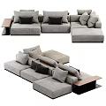 Gray Sectional Sofa With Multiple Plush Cushions And Wooden Side Tables 3d model