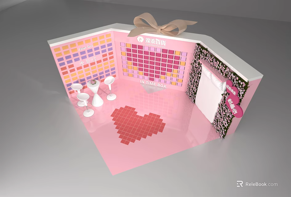 Pink 3D Greeting Card Featuring Red Heart Shape Colorful Squares And Wine Glasses 3d model 