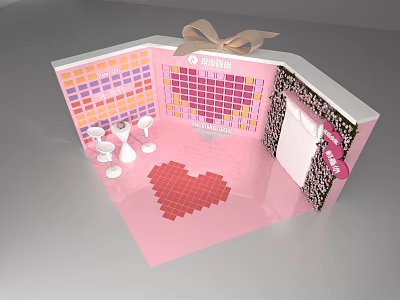 Pink 3D Greeting Card Featuring Red Heart Shape Colorful Squares And Wine Glasses 3d model