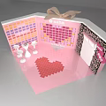 Pink 3D Greeting Card Featuring Red Heart Shape Colorful Squares And Wine Glasses