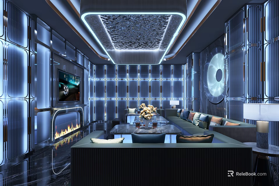 Luxury KTV Lounge Interior Design With Modern Lighting Comfortable Sofas And Large Screen 3d model 