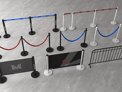 Different Safety Barriers with Colored Ropes Metal Fences and Sign Boards for Crowd Control 3d model