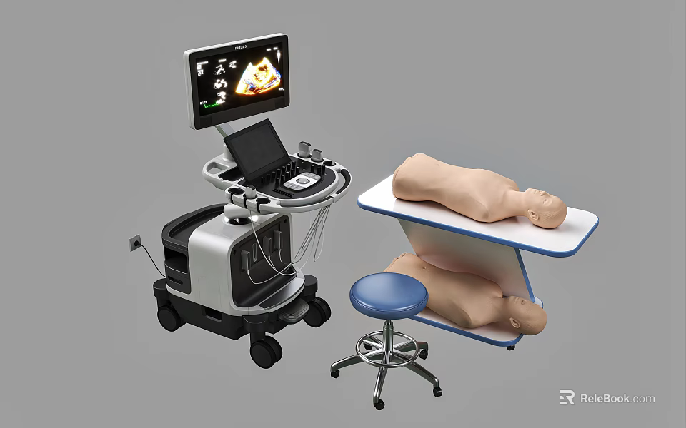 Medical Device Ultrasound Machine With Display Screen Mobile Cart Human Torso Model And Training Stool 3d model 