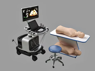 Medical Device Ultrasound Machine With Display Screen Mobile Cart Human Torso Model And Training Stool 3d model
