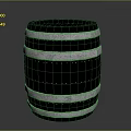 Cylindrical Black Wooden Barrel With Silver Metal Hoops And Riveted Design
