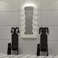 Wavy Framed Mirror with Checkerboard Pattern Between Two Black Chairs in Gray Tiled Room