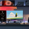 Modern Computer Desk Setup With Monitor Keyboard Mouse RGB Lights And Desktop Background