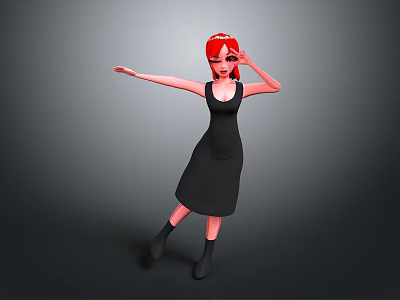 3D Game And Movie Character Red Hair Black Dress Black Boots Striking Pose Gray Background 3d model