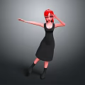 3D Game And Movie Character Red Hair Black Dress Black Boots Striking Pose Gray Background