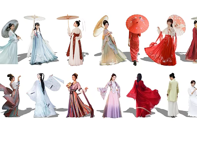 Group of People Wearing Various Traditional Hanfu Dresses With Different Styles And Umbrellas 3d model