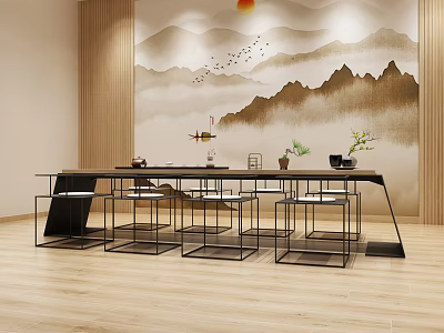 Modern Chinese Style Dining Table and Chairs Set With Landscape Wall Art and Decorative Plants 3d model