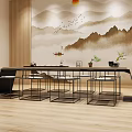 Modern Chinese Style Dining Table and Chairs Set With Landscape Wall Art and Decorative Plants