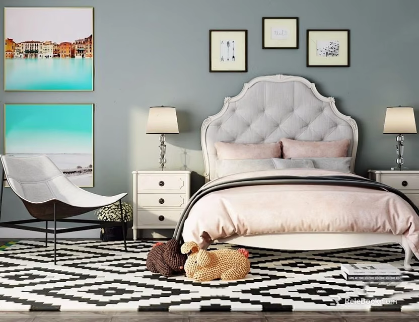 Double Bed with Tufted Headboard Pink Bedspread Bedside Tables Lamps Wall Art Geometric Rug 3d model 