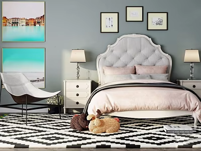 Double Bed with Tufted Headboard Pink Bedspread Bedside Tables Lamps Wall Art Geometric Rug 3d model