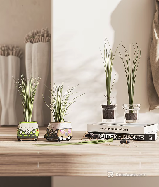 Decorative Bonsai Grass Plants In Colorful Pots On Wooden Table With Books 3d model 